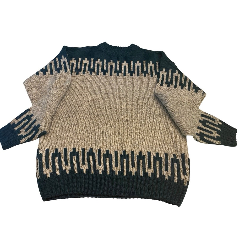 ⁠Vtg BD Baggies Wool Blend Sweater Mens XL Geometric Aztec Knit Green/gray